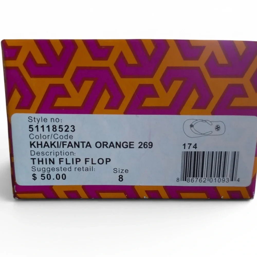 Tory Burch Womens Size 8 Khaki Fanta Orange Thin Flip Flops Sandals With Box